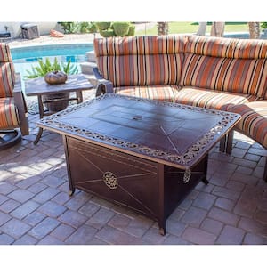 35 in. x 24 in. Rectangle Cast Aluminum Propane Fire Pit in Hammered Bronze with Scroll Design