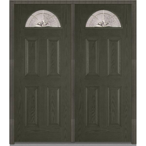 MMI Door 64 in. x 80 in. Heirloom Master Left-Hand Inswing Fan Lite Decorative 4-Panel Stained Fiberglass Oak Prehung Front Door