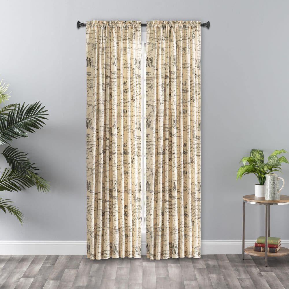 Script Black Rod Pocket Light Filtering Curtain - 48 in. W x 63 in. L
