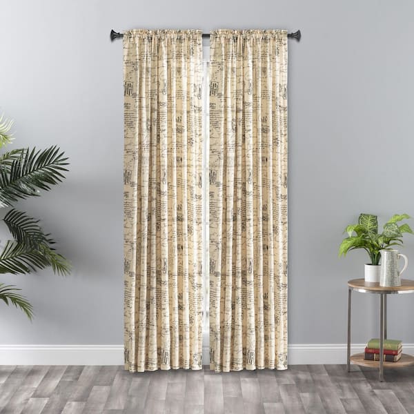 null Script Black Rod Pocket Light Filtering Curtain - 48 in. W x 63 in. L