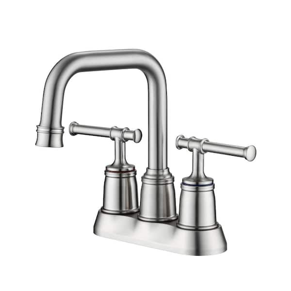 Staykiwi 4 in. Centerset Double Handle Mid Arc Bathroom Faucet with Drain Kit Included in Brushed Nickel