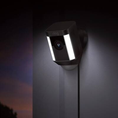 Wired Outdoor Rectangle Spotlight Security Camera in Black with Echo Show 5 in Charcoal