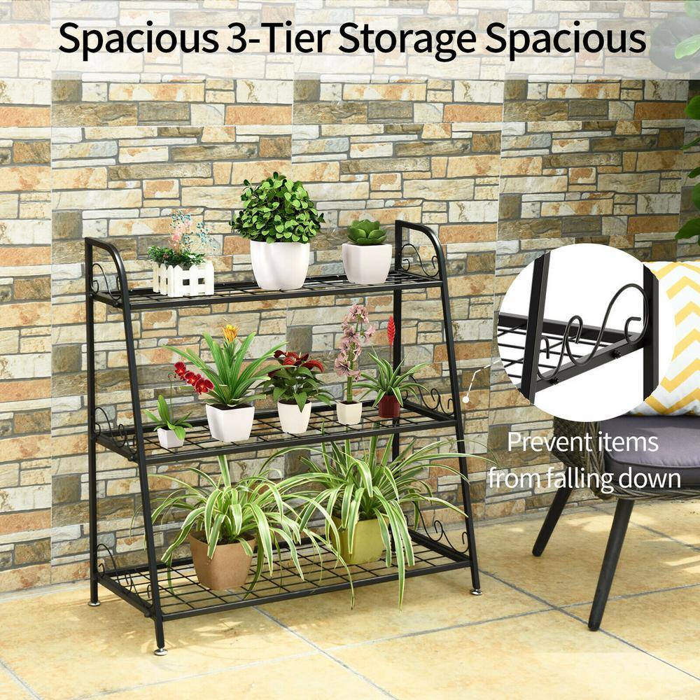 Black Steel 3-Tier Plant Stand with Adjustable Footpads