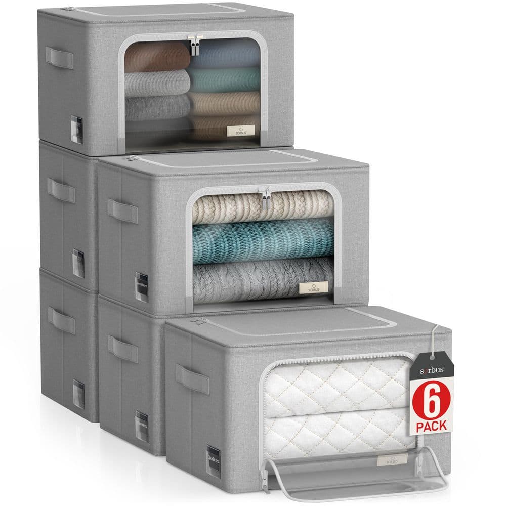 Storage Bins, Stackable & Foldable Clothes Organizer Bags, Gray 17 in. x 13 in. Fabric Decorative Box Set of 6