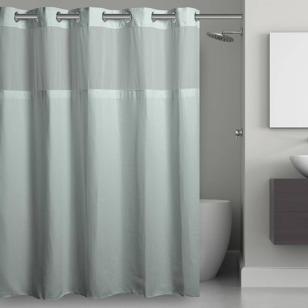 Misty Blue Waffle Hookless Shower Curtain with Sheer Window