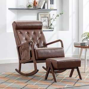 Mid-Century Brown Faux Leather Upholstered Rocking Chair Nursery With Ottoman Set of 2 with Thick Padded Cushion