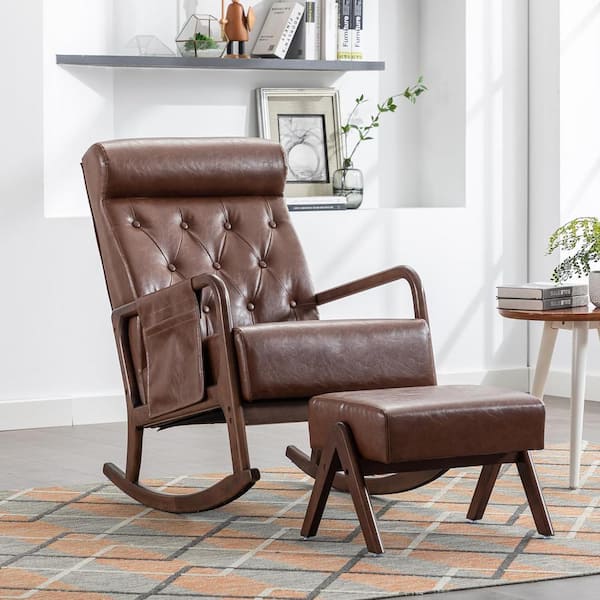 Mid-Century Brown Faux Leather Upholstered Rocking Chair Nursery