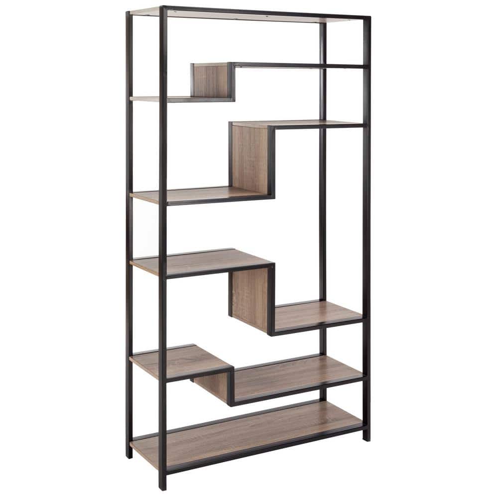 Joanna Transitional Oak and Black Wood Etagere, 32"W x 12"D x 62"H