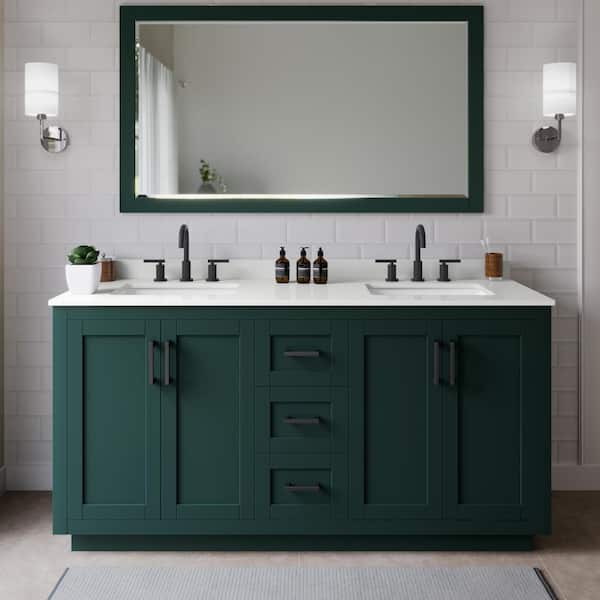 Wyndham Collection Miranda 66 in. W x 22 in. D x 33.75 in. H Double Bath Vanity in Green with White Quartz Top and 58 in. Mirror