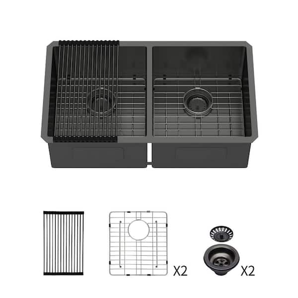 33 in. Undermount Double Bowl 16 Gauge Gunmetal Black Stainless Steel Kitchen Sink with Grids, Drain and Drying Rack