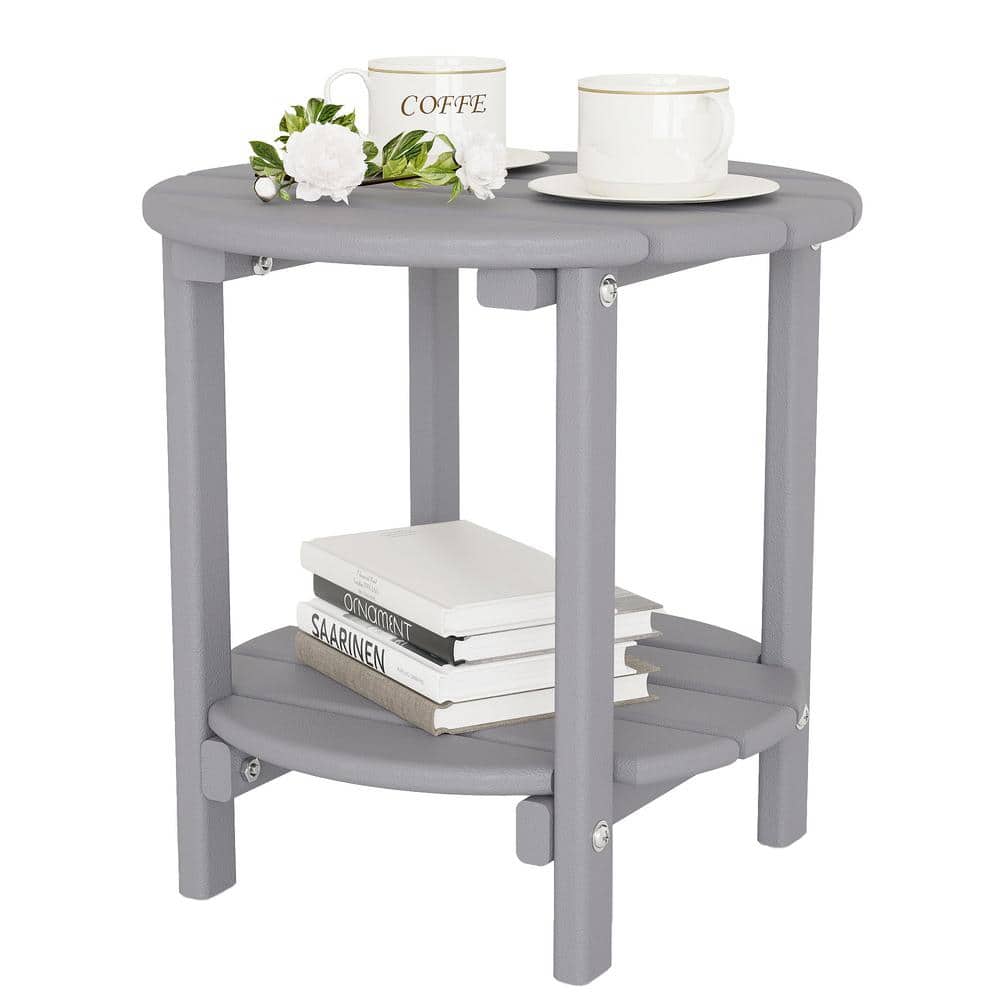 Waterproof Double Tier Gray Round HDPE Plastic 17.7 in. Outdoor Side Table