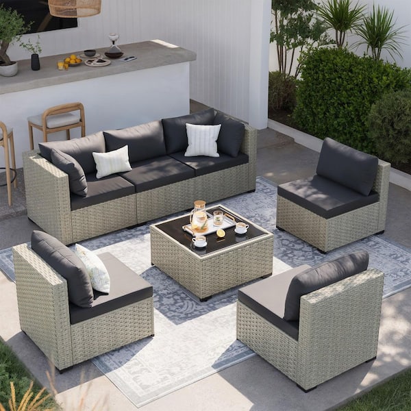 ELPOSUN 7-Piece Outdoor Rattan Sofa Set with Cushions