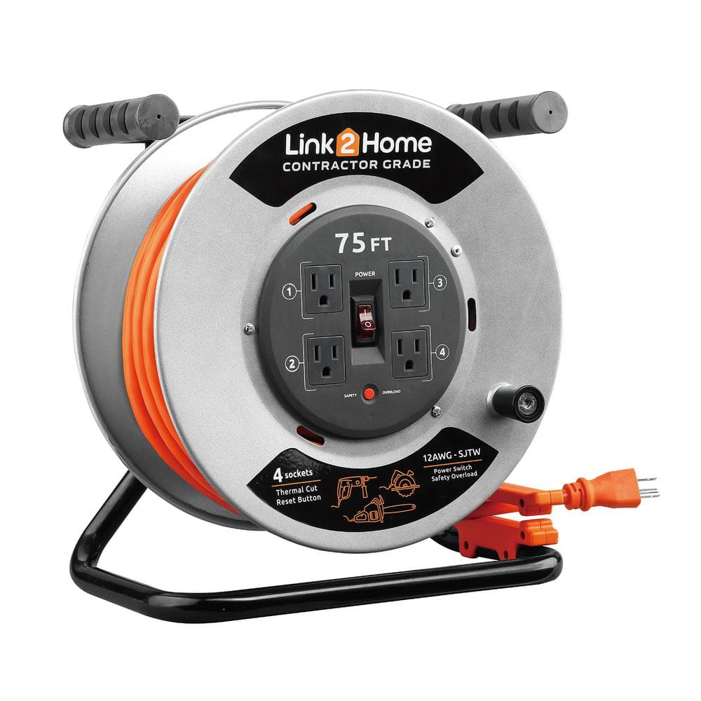 Link2Home 75 ft. 12/3 Extension Cord Storage Reel with 4 Grounded ...