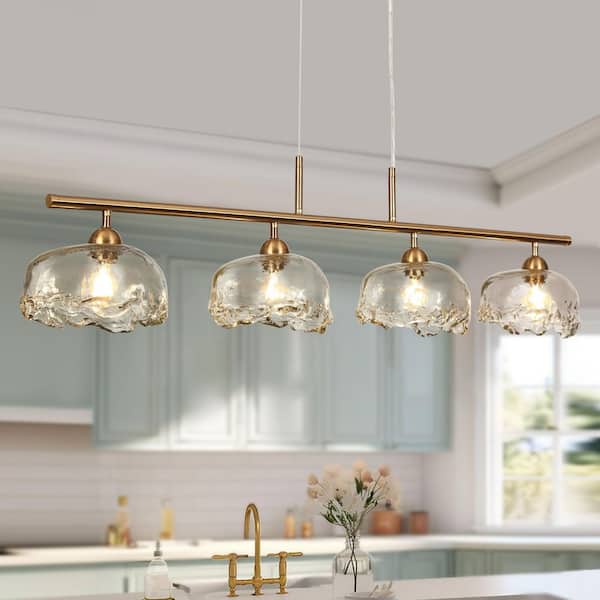Ranunculus 4-Light Plating Brass Island Chandelier with Clear Hand-Blown Glass Shades Large Kitchen Dining Room Pendant