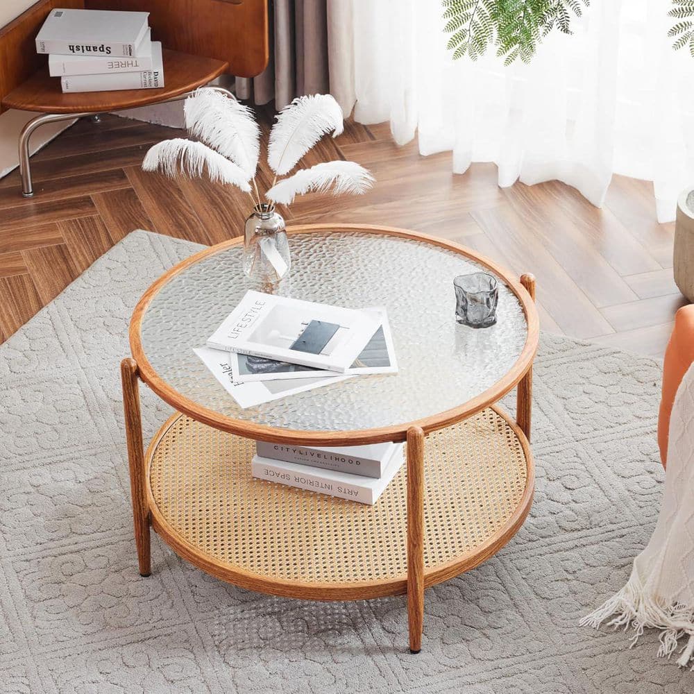 VINGLI 30. 71in Hot Transfer Wood Grain Color Round Water Ripple Glass Coffee Table with PE Vine and Iron Frame price history on PriceWatchPro