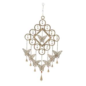36 in. Brass Metal Butterfly Windchime with Beads and Cone Bells
