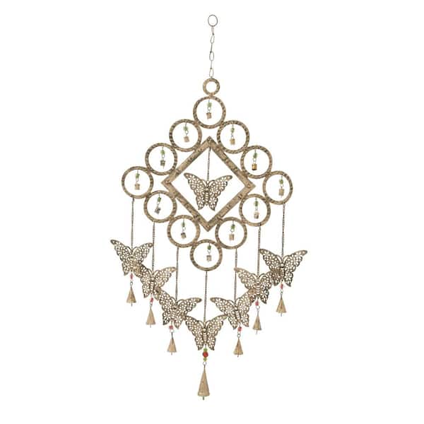 Litton Lane 36 in. Brass Metal Butterfly Windchime with Beads and Cone Bells