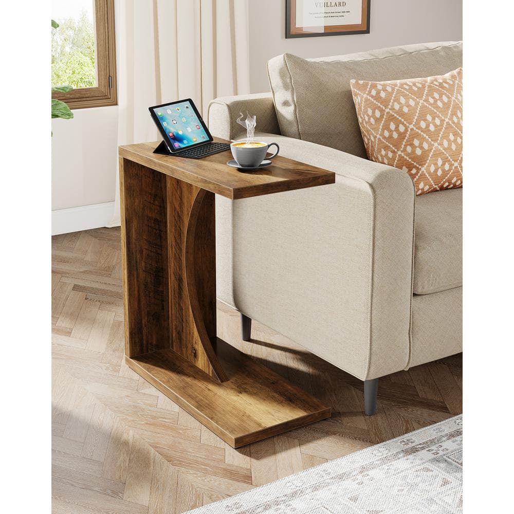 BYBLIGHT Kerlin 23.62 in. Rustic Brown C-Shaped Wood End Table for Small Space, Sofa Side Table Couch Table for Home Office BB-RY0138YF