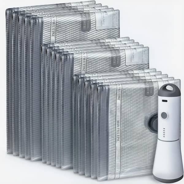 Grey Rechargeable Vacuum Compression Bags Set, Cordless Pump with 15 Travel Storage Bags, 80% Space Saving for Luggage