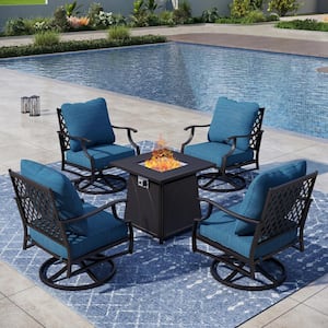 Metal 4 Seat 5-Piece Steel Outdoor Patio Conversation Set with Peacock Blue Cushions Swivel Chairs Square Fire Pit Table