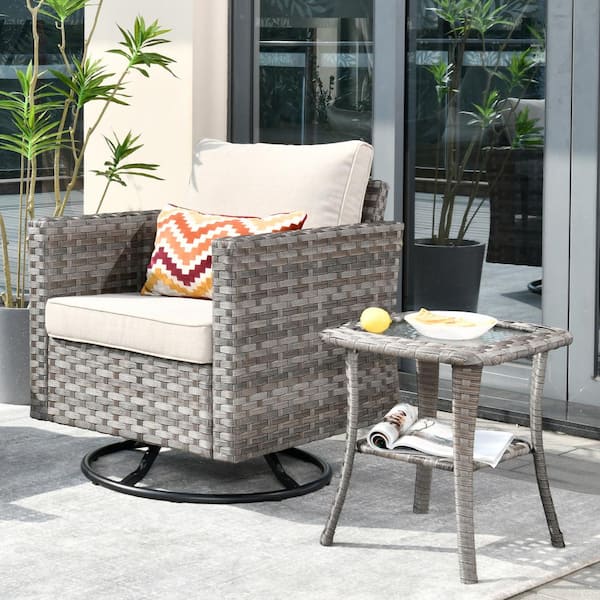 HOOOWOOO Tahoe Grey Swivel Rocking Wicker Outdoor Patio Lounge Chair with a Side Table and Beige Cushions