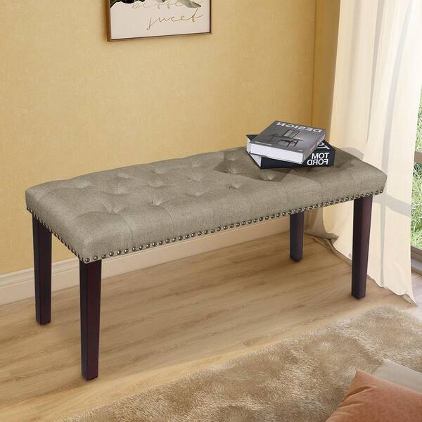 Maypex 38 in. W x 14 in. D x 17.3 in. H Beige Fabric Upholstered Bench with Nailhead Trim and Solid Wood Legs