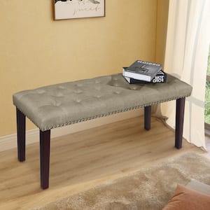 38 in. W x 14 in. D x 17.3 in. H Beige Fabric Upholstered Bench with Nailhead Trim and Solid Wood Legs