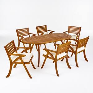 Hermosa 30 in. Teak Brown 7-Piece Wood Oval Outdoor Dining Set with Cream Cushions