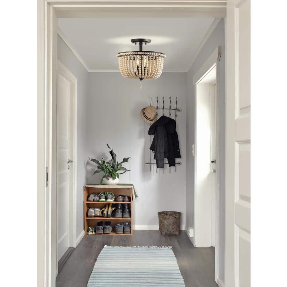 Allie 14" Black and Light Taupe Wood Beaded LED Flush Mount