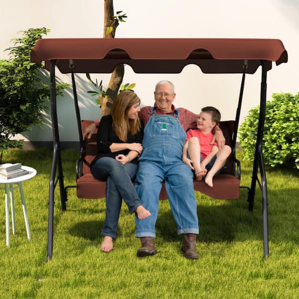 Clihome 3-Person Metal Outdoor Patio Porch Swing in Brown with