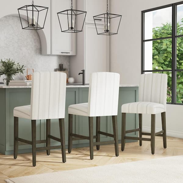 24 in. Dove Gray Stripe Curved High Back Wood Bar Stool Counter Stool with Durable Polyester Seat (Set of 1)