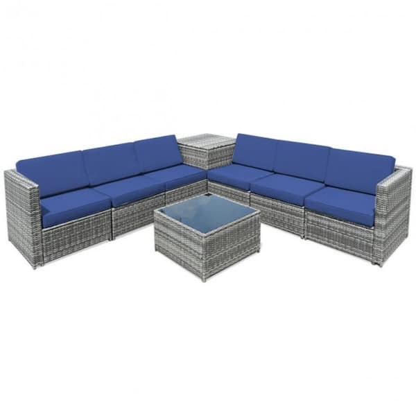 FORCLOVER 8-Piece Wicker Sofa Rattan Dinning Set Patio Furniture with Storage Table and Navy Cushions