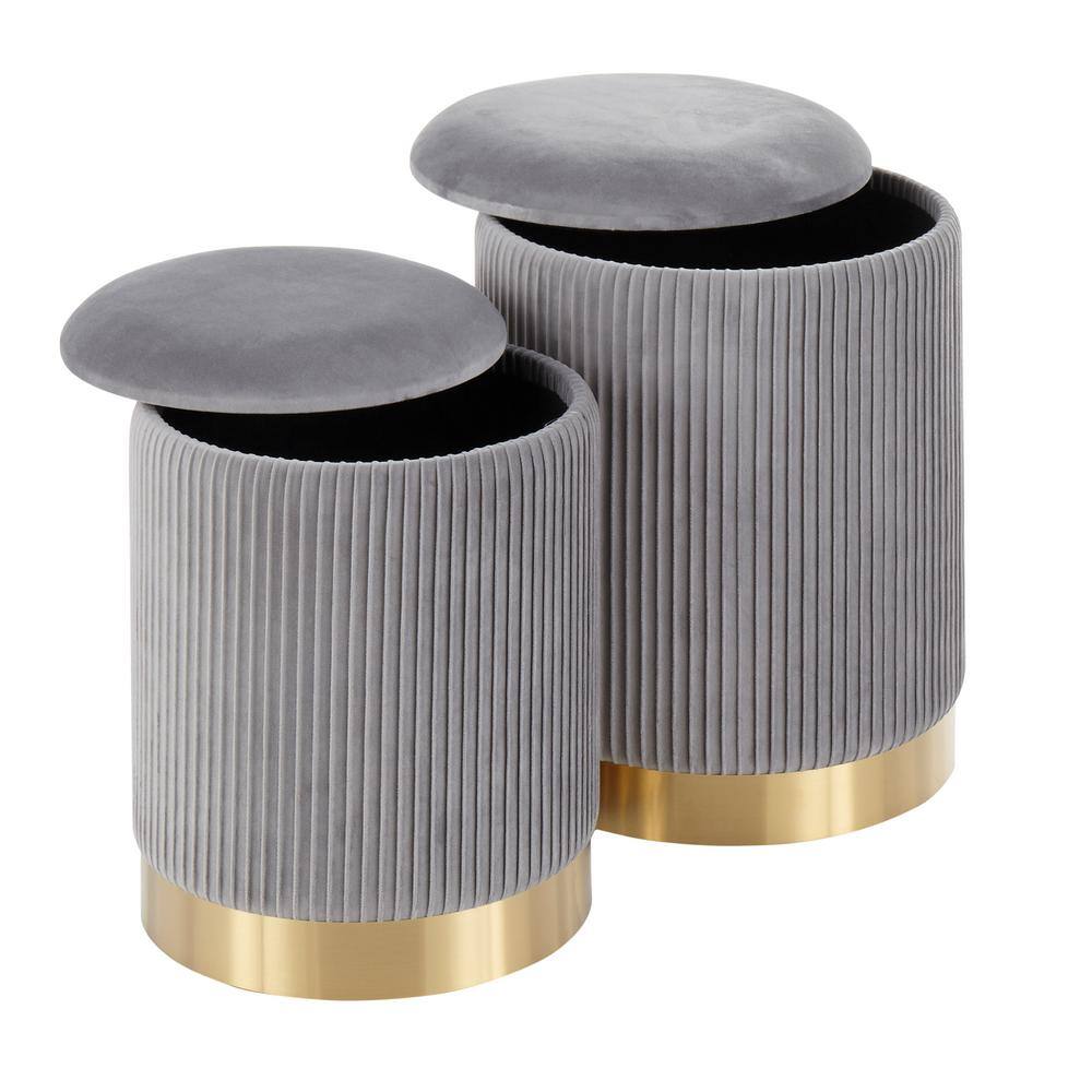 Gray Velvet Pleated Nesting Ottomans with Gold Metal Base