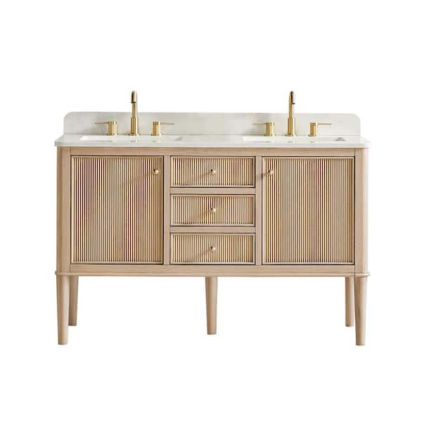 Blaise 54 in. Double Freestanding Light Oak Bath Vanity with Grain White Engineered Stone Top Assembled