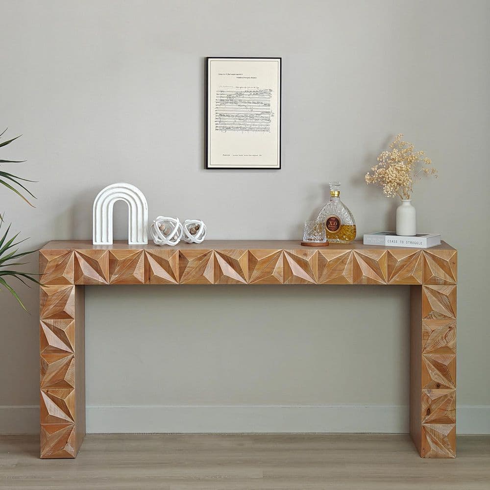 62 in. W Antique Brown Rectangle Wood Console Table with Handcrafted 3D Des