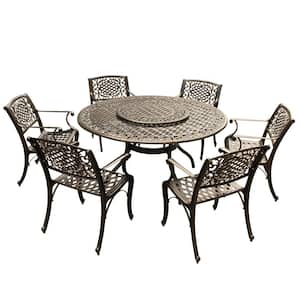 Ornate Traditional 7-Piece Bronze Aluminum Round Outdoor Dining Set with Lazy Susan and 6-Chairs