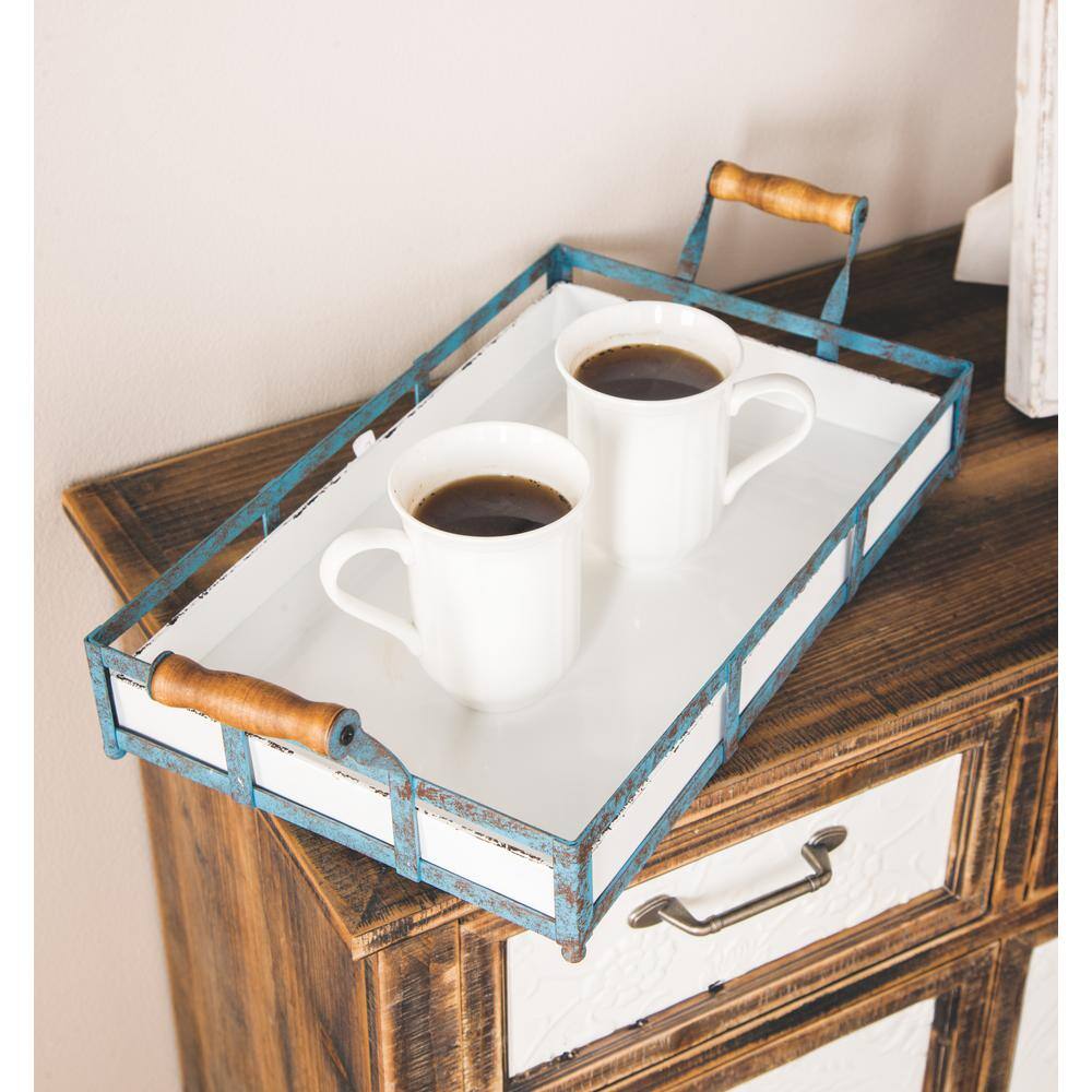 Distressed Blue and White Metal Farmhouse Rectangular Tray Set