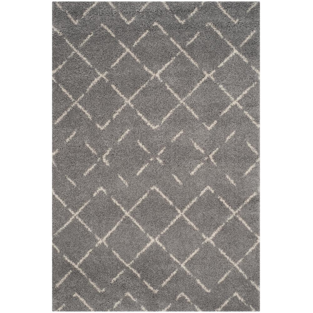 Grey and Ivory Geometric Shag 4' x 6' Area Rug