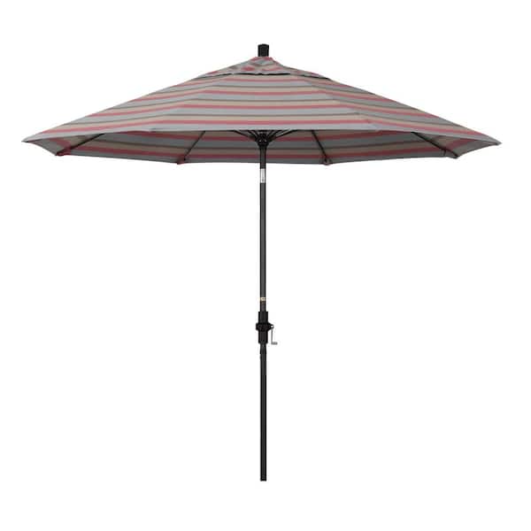California Umbrella 9 ft. Matted Black Aluminum Collar Tilt Crank Lift Market Patio Umbrella in Gateway Blush Sunbrella