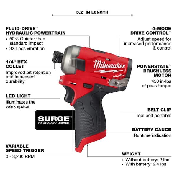 M12 FUEL SURGE 12V Lithium-Ion Brushless Cordless 1/4 in. Hex Impact Driver (Tool-Only)