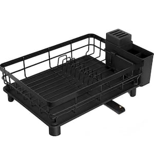 Countertop Dish Rack, Rust Resistant Iron with Automatic Drainage, Removable Cutlery Basket, Space Saving Design, Black