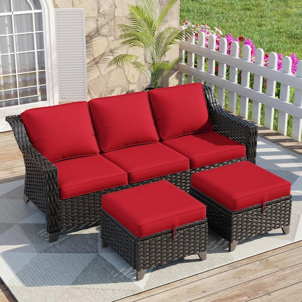 Wicker Outdoor Patio Sofa Sectional Set with Red Cushions and Ottoman