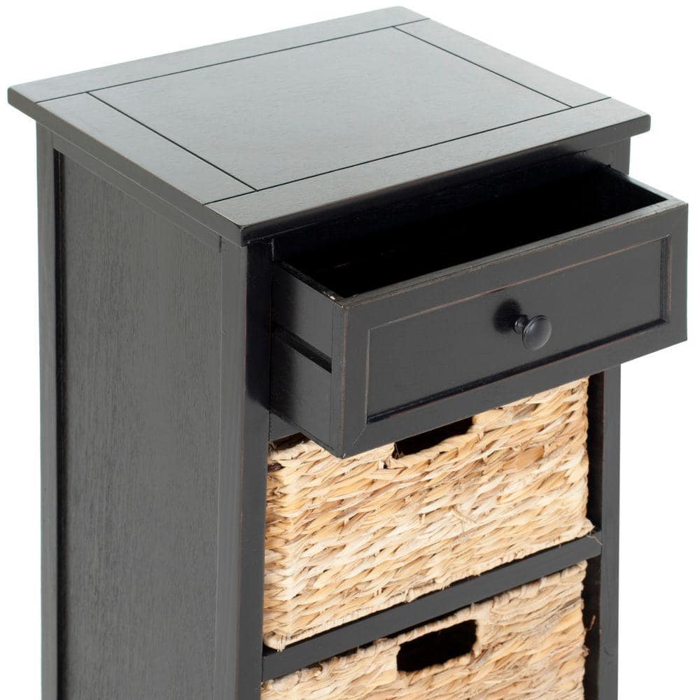 Distressed Black Pine Side Table with Wicker Storage