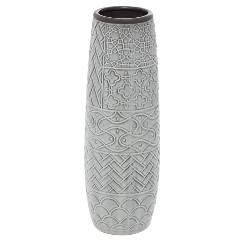 16" Gray Ceramic Floor Vase with Geometric Patterns