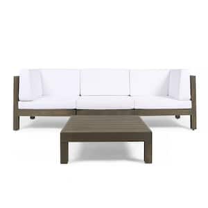 Brava Grey 4-Piece Acacia Wood Patio Conversation Sectional Seating Set with White Cushions