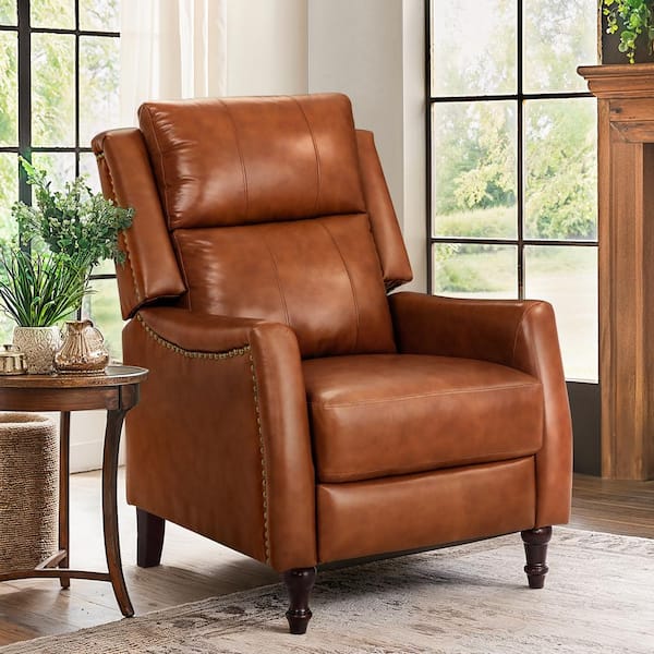 COZYMAN Hania Camel Genuine Leather Recliner Chair Arm Chair with Rivets and Retractable Footrest