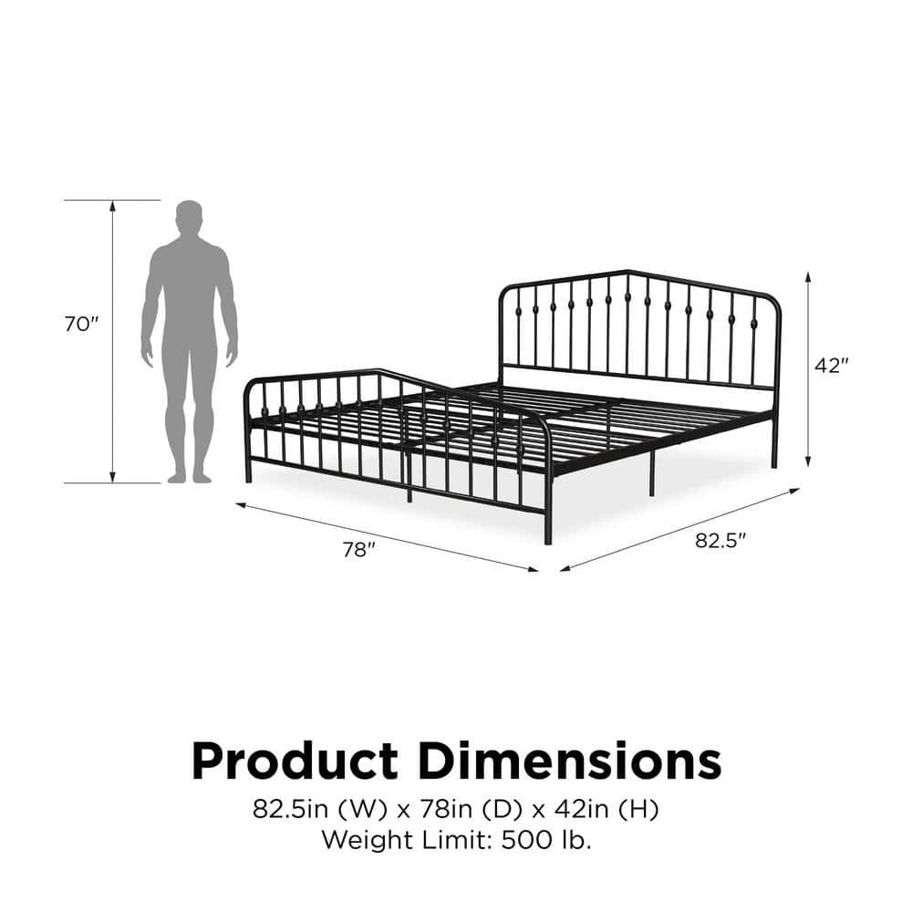 King-Sized Black Pine and Metal Upholstered Bed with Storage Drawer