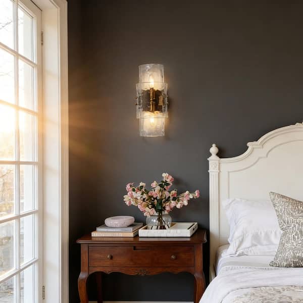 Modern 6.3 in. 2-Light Plated Brass Glacier Glass Wall Sconce Bedroom Hallway Horizontal/Vertical Flush Mount Wallchiere