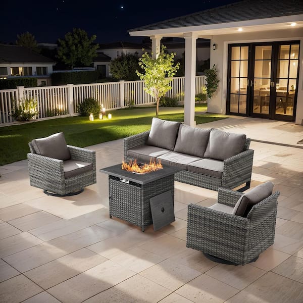 4-Piece Gray Wicker Fire Pit Conversation Set with Olefin Gray Cushions and U-Foot Swivel Glider Chairs