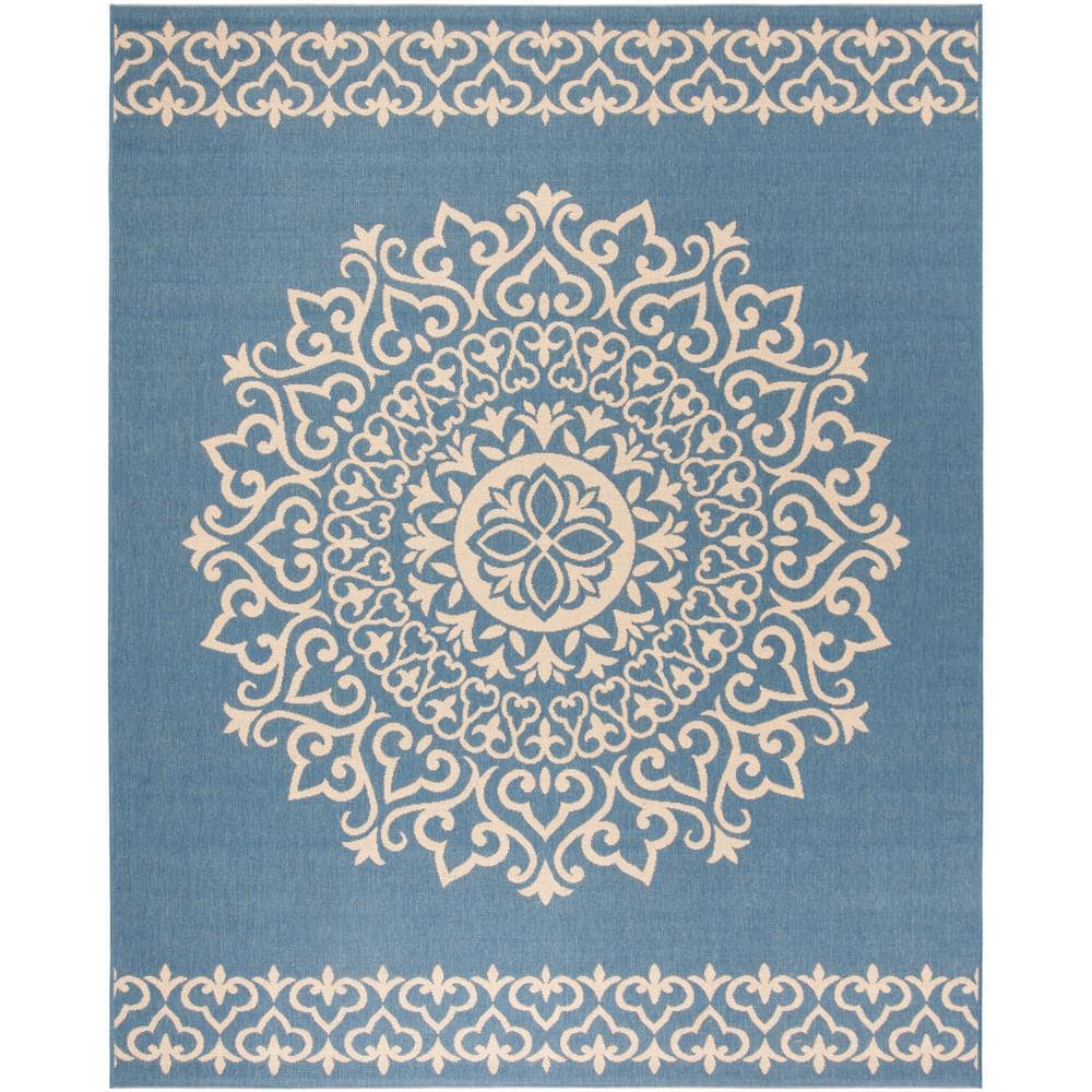 Cream and Blue Medallion Synthetic 8' x 10' Reversible Area Rug